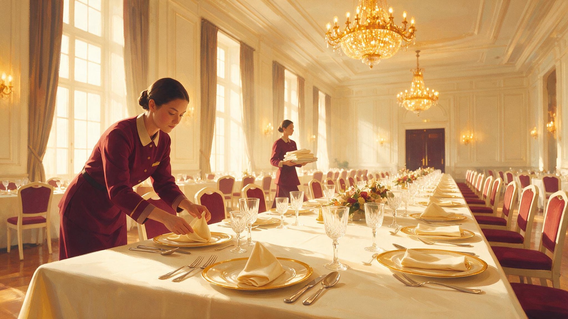 Banquet staff laying a long table in a sunlit ballroom.